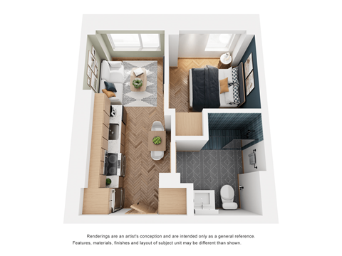 a stylized floor plan of a studio apartment